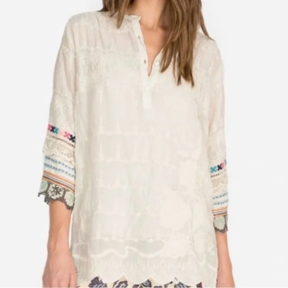 Johnny Was Cream Embellished Tunic with Mandarin Collar